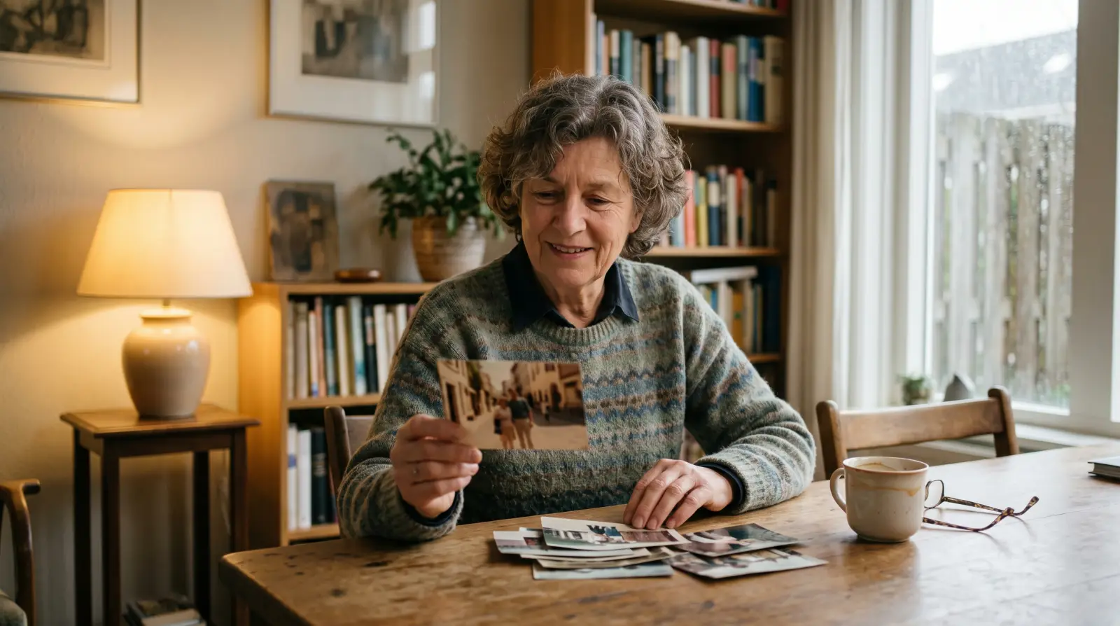 Een vrouw van midden zestig bekijkt aan tafel oude foto’s uit haar jaren in het buitenland.