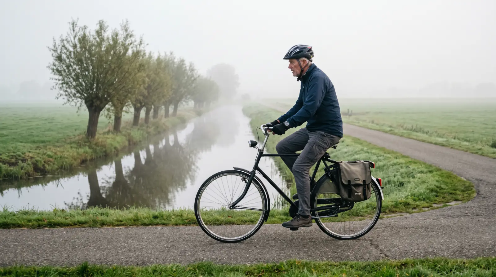 Een man van rond de zesenzestig fietst op een smalle polderweg langs een sloot met wilgen.