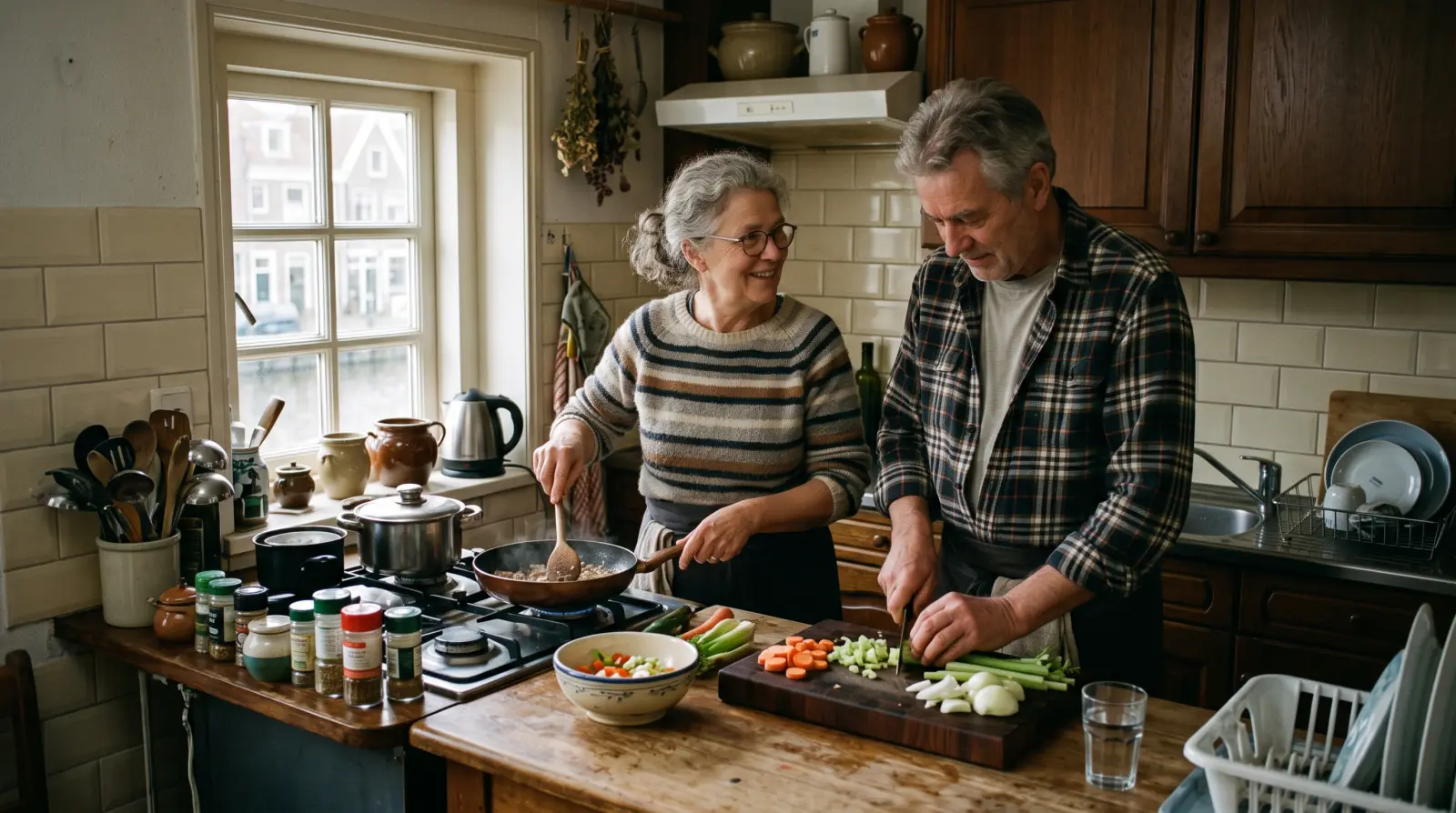 Een man en een vrouw van eind zestig koken samen in een kleine keuken.