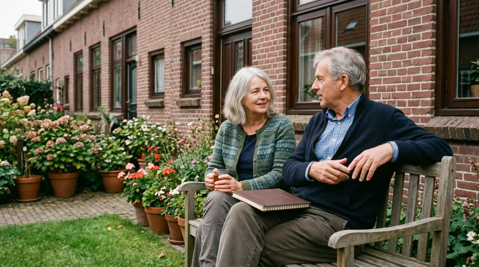 Een echtpaar van midden zestig praat op een tuinbank achter een rijtjeshuis.