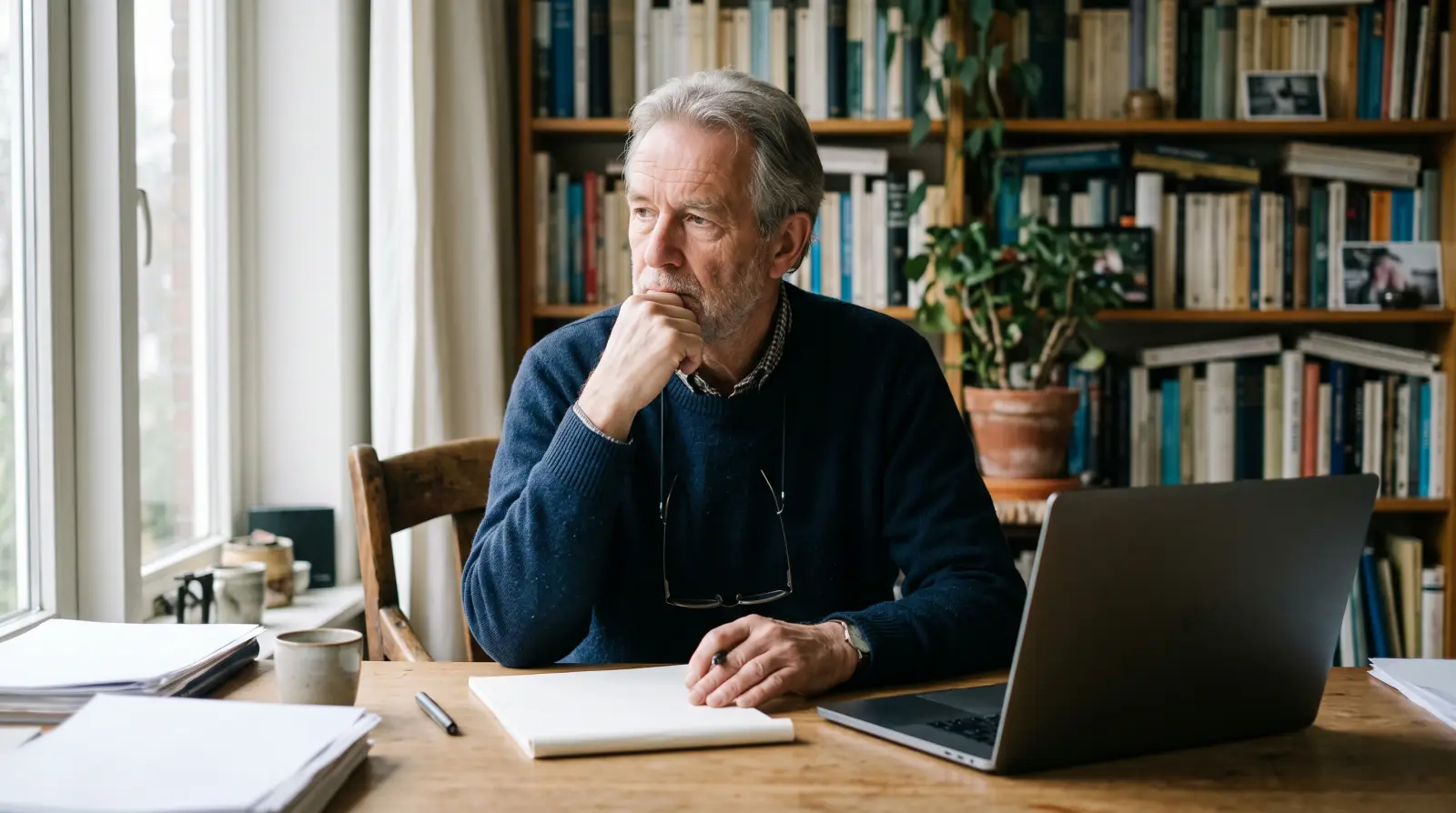 Een man van eind zestig zit met pen en blanco blocnote aan een bureau, de hand onder de kin.