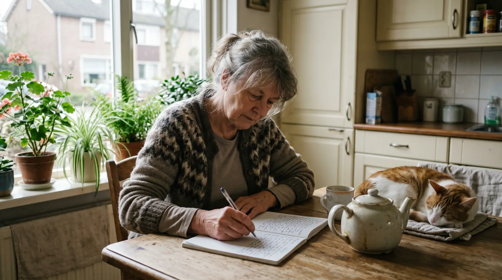 Een vrouw van rond de zeventig schrijft aan de keukentafel in een schrift, naast haar slaapt een kat.