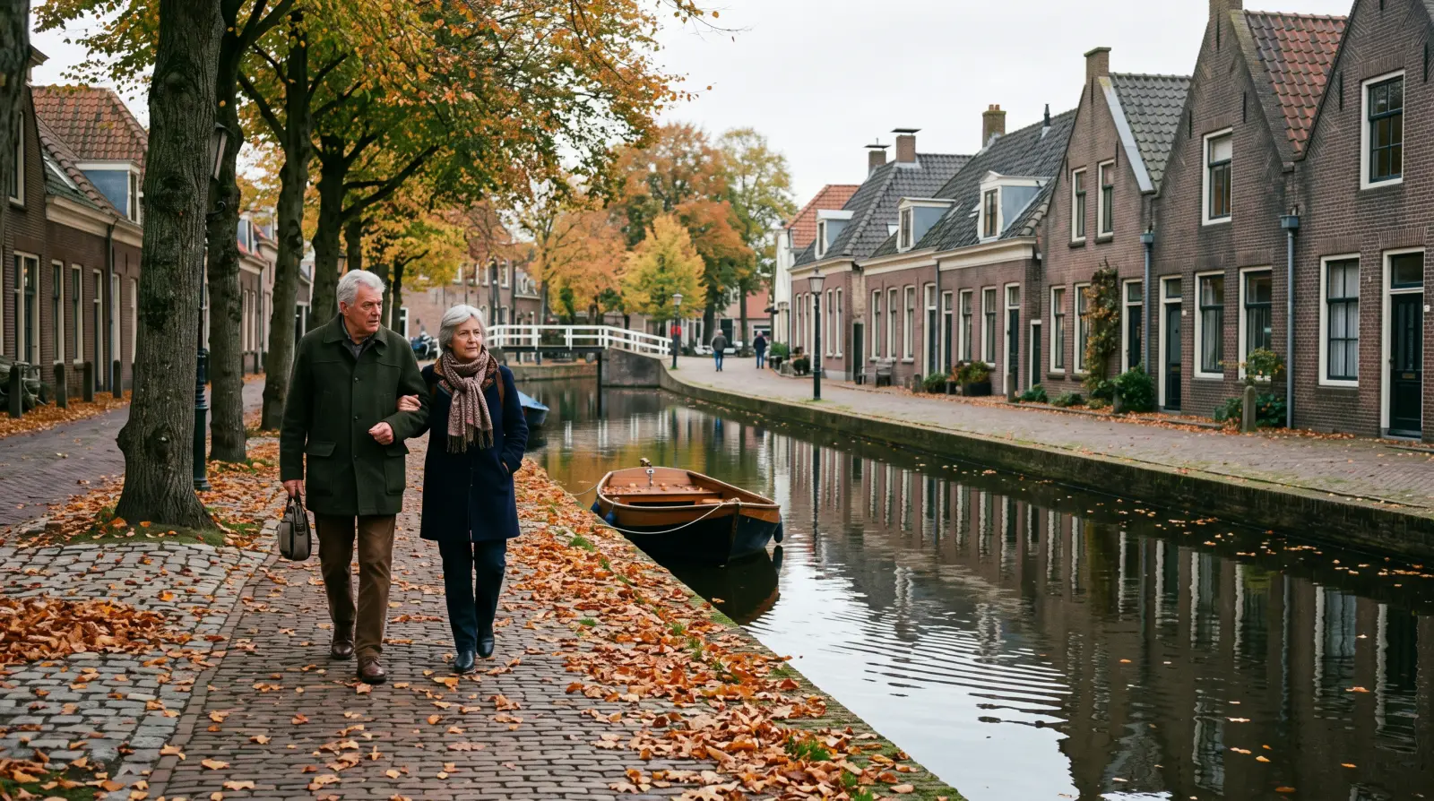 Een ouder echtpaar loopt gearmd langs een gracht in een Nederlands stadje in de herfst.