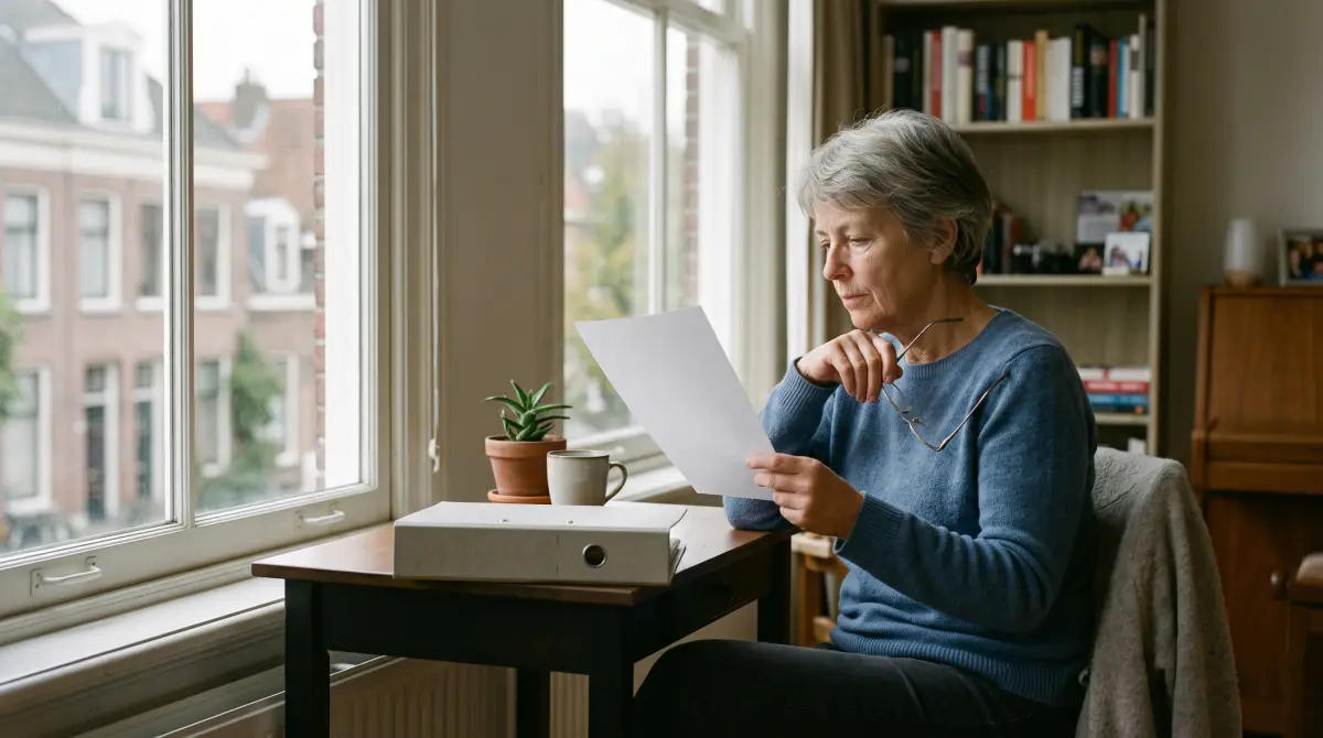 Een vrouw van rond de zestig leest bij het raam een blanco vel papier, naast haar ligt een grijze ordner.