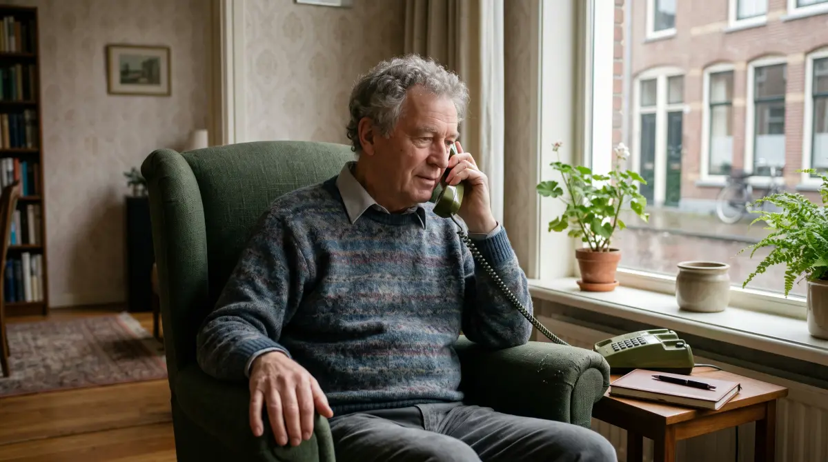 Een man van begin zeventig zit in een leunstoel en luistert aandachtig aan de telefoon, naast hem ligt een gesloten notitieboek.