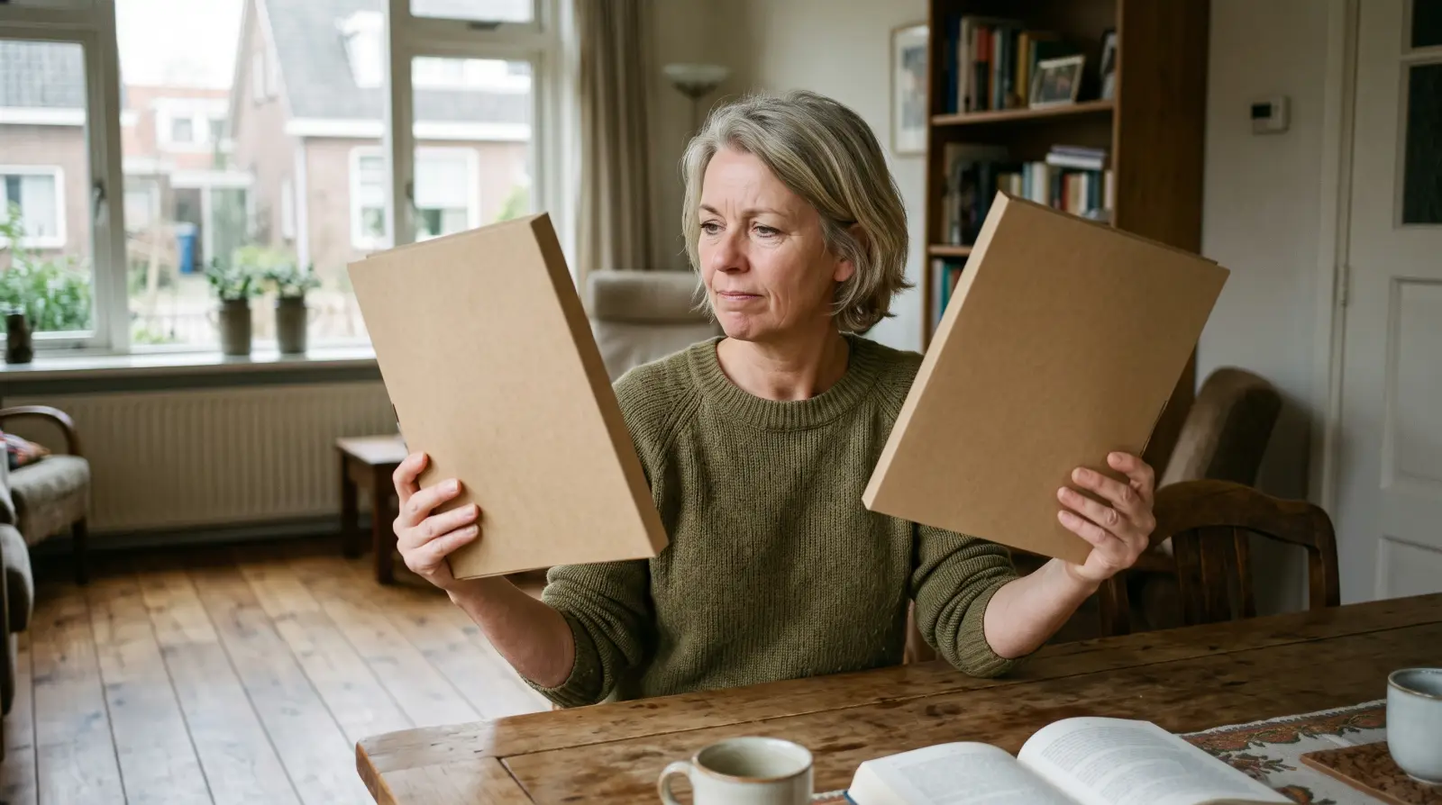 Een vrouw van eind vijftig houdt aan de eettafel in elke hand een blanco map vast.