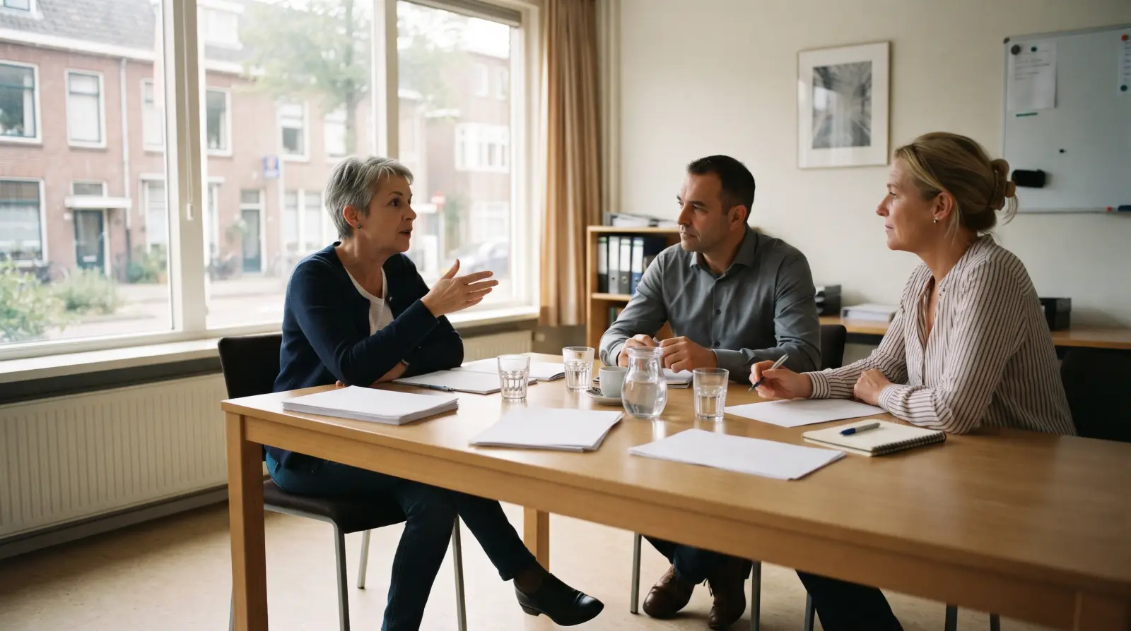 Drie mensen van in de vijftig in gesprek aan een vergadertafel in een eenvoudig kantoor.