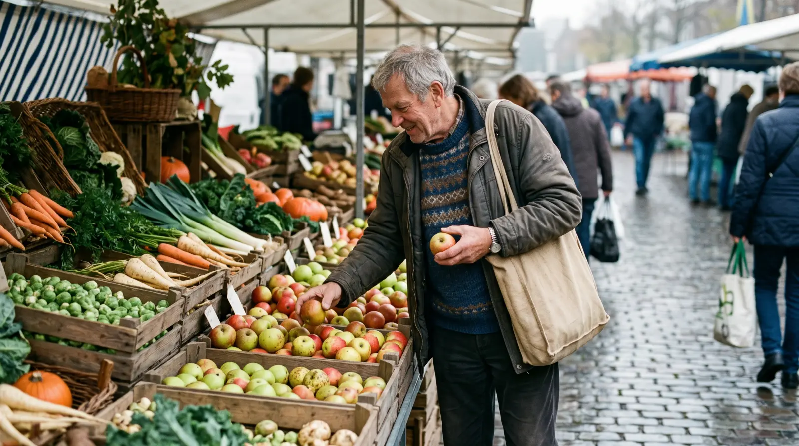 Een man van in de zeventig met een boodschappentas kiest groente op een markt.