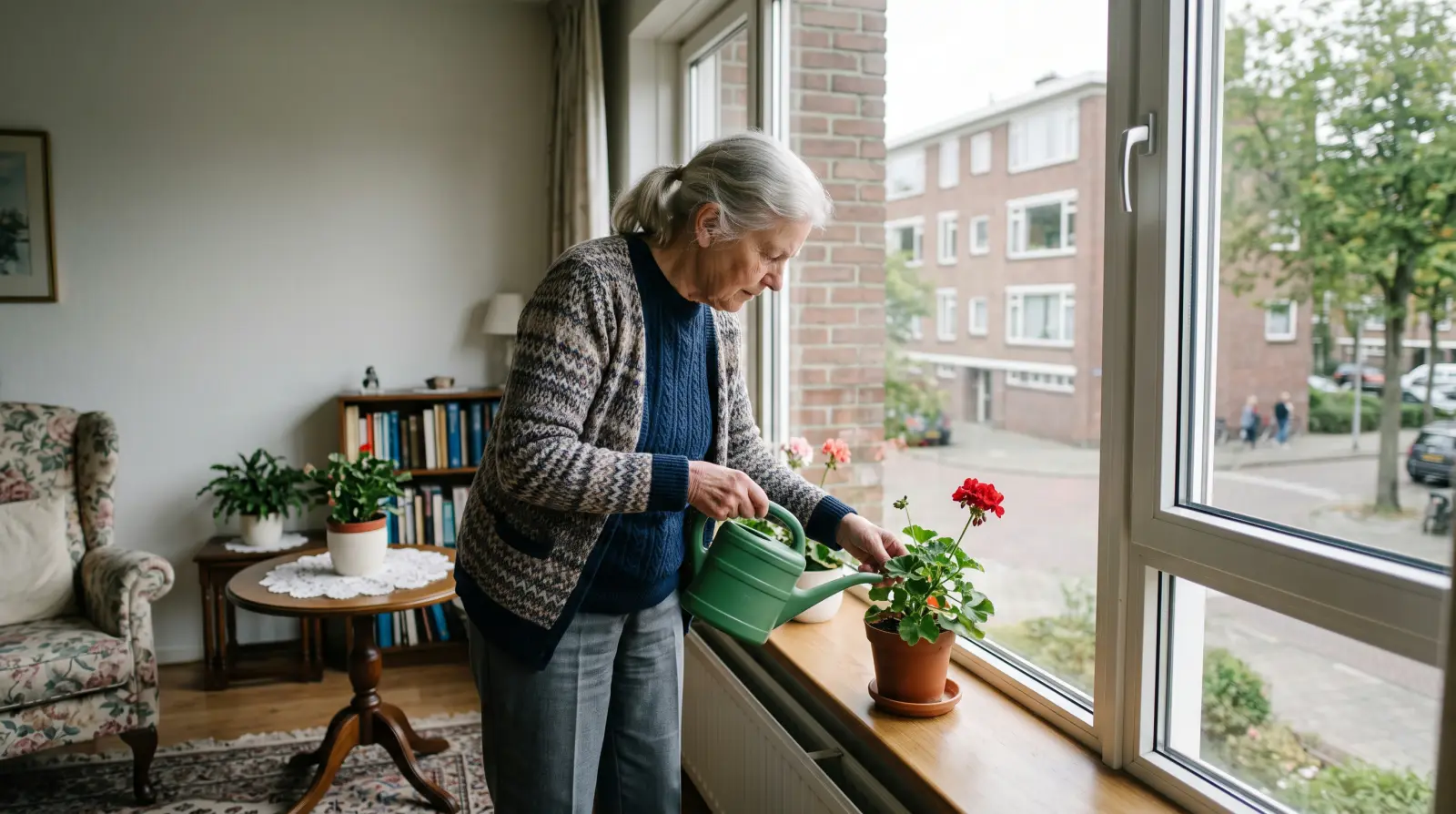 Een vrouw van in de zeventig geeft bij het raam van haar huurwoning een plant water.